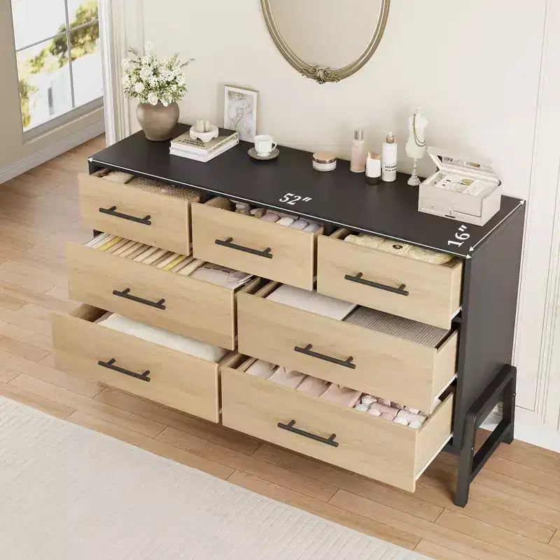 Comò a 7 cassetti con contenitore, cassettiera indipendente in legno da 132 cm per camera da letto o soggiorno