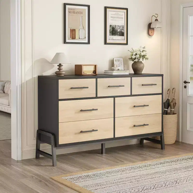 Comò a 7 cassetti con contenitore, cassettiera indipendente in legno da 132 cm per camera da letto o soggiorno