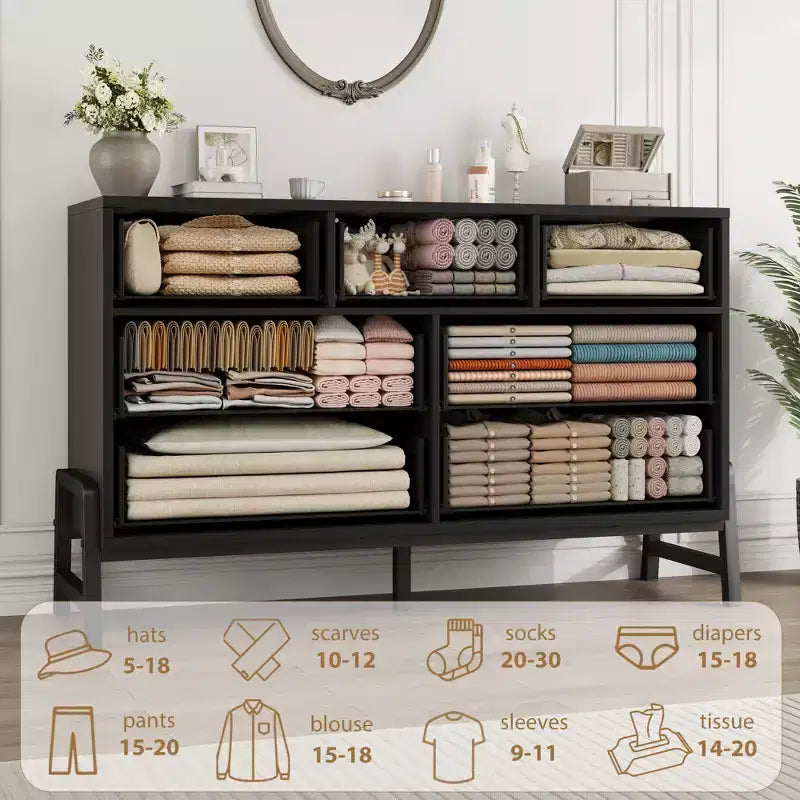Comò a 7 cassetti con contenitore, cassettiera indipendente in legno da 132 cm per camera da letto o soggiorno