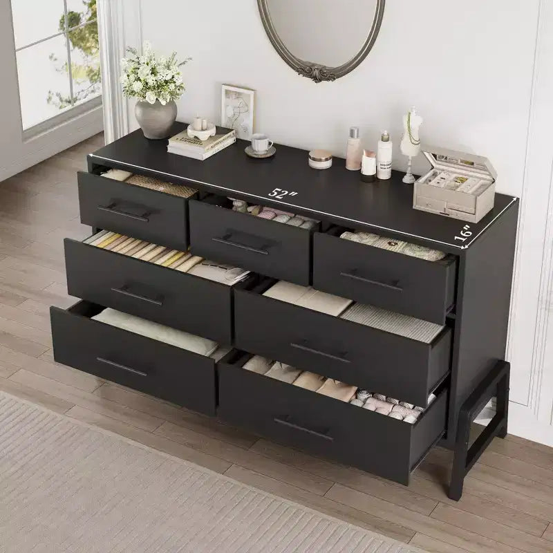 Comò a 7 cassetti con contenitore, cassettiera indipendente in legno da 132 cm per camera da letto o soggiorno