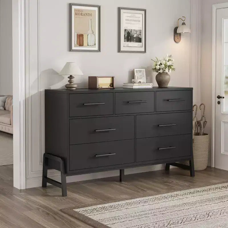 Comò a 7 cassetti con contenitore, cassettiera indipendente in legno da 132 cm per camera da letto o soggiorno
