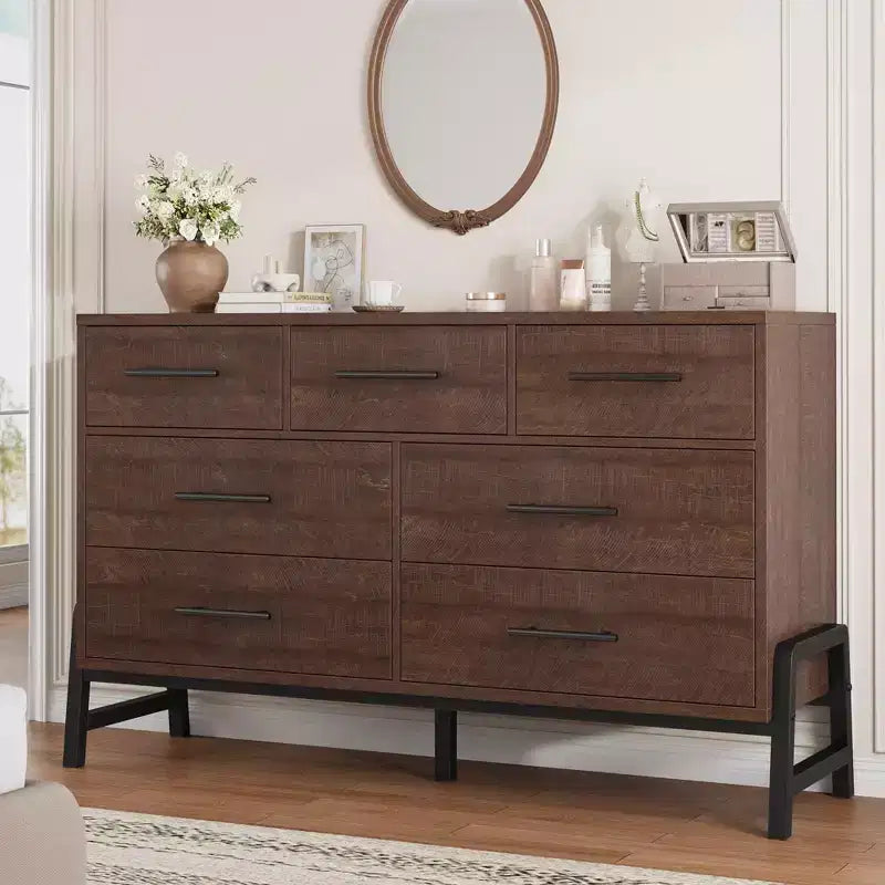 Comò a 7 cassetti con contenitore, cassettiera indipendente in legno da 132 cm per camera da letto o soggiorno