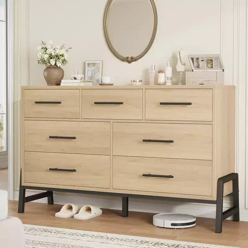 Comò a 7 cassetti con contenitore, cassettiera indipendente in legno da 132 cm per camera da letto o soggiorno