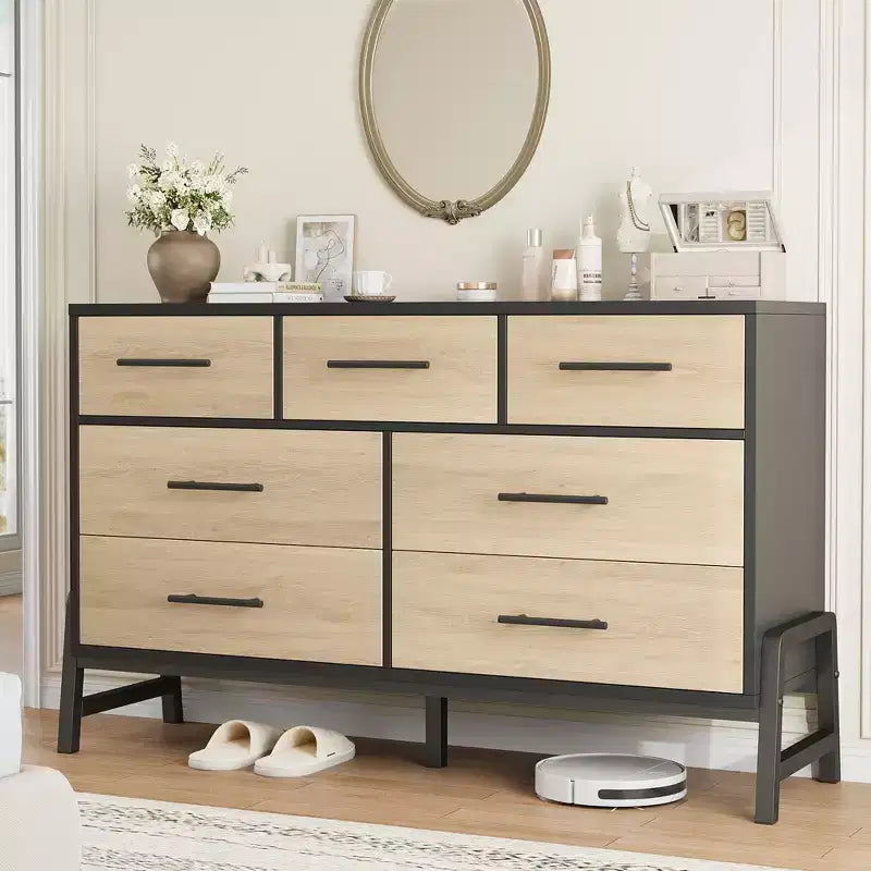 Comò a 7 cassetti con contenitore, cassettiera indipendente in legno da 132 cm per camera da letto o soggiorno