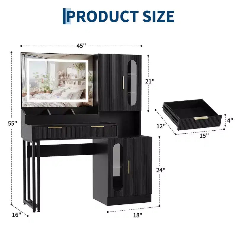 Scrivania da trucco scanalata con specchio, cassetti e mobili contenitori per camera da letto