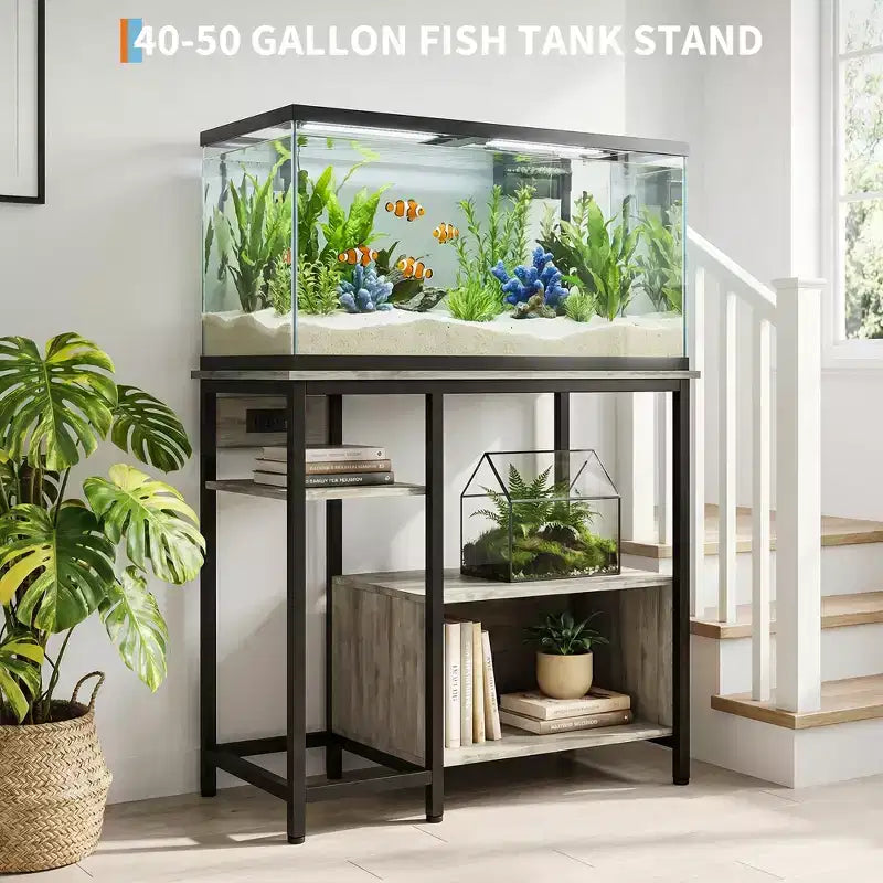 Supporto per Acquario da 40-50 Galloni con Scaffali a Giorno e Prese di Corrente Integrate