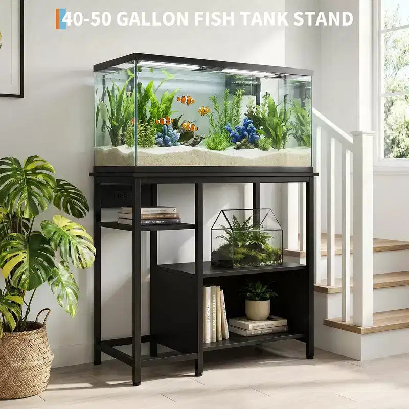 Supporto per Acquario da 40-50 Galloni con Scaffali a Giorno e Prese di Corrente Integrate