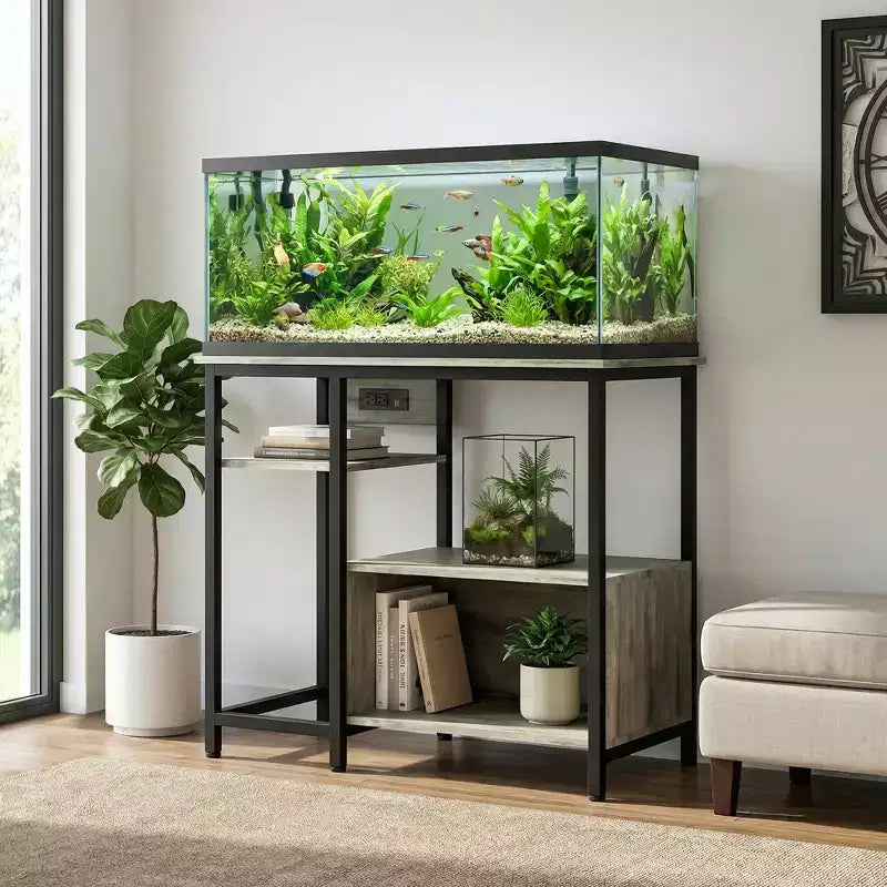 Supporto per Acquario da 40-50 Galloni con Scaffali a Giorno e Prese di Corrente Integrate