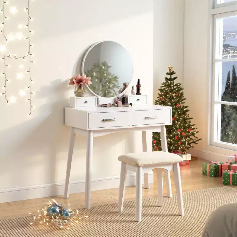 Modern Makeup Vanity Desk with Round Mirror, Organized Storage, Matching Stool for Bedroom, White Finish, Space-Saving Design