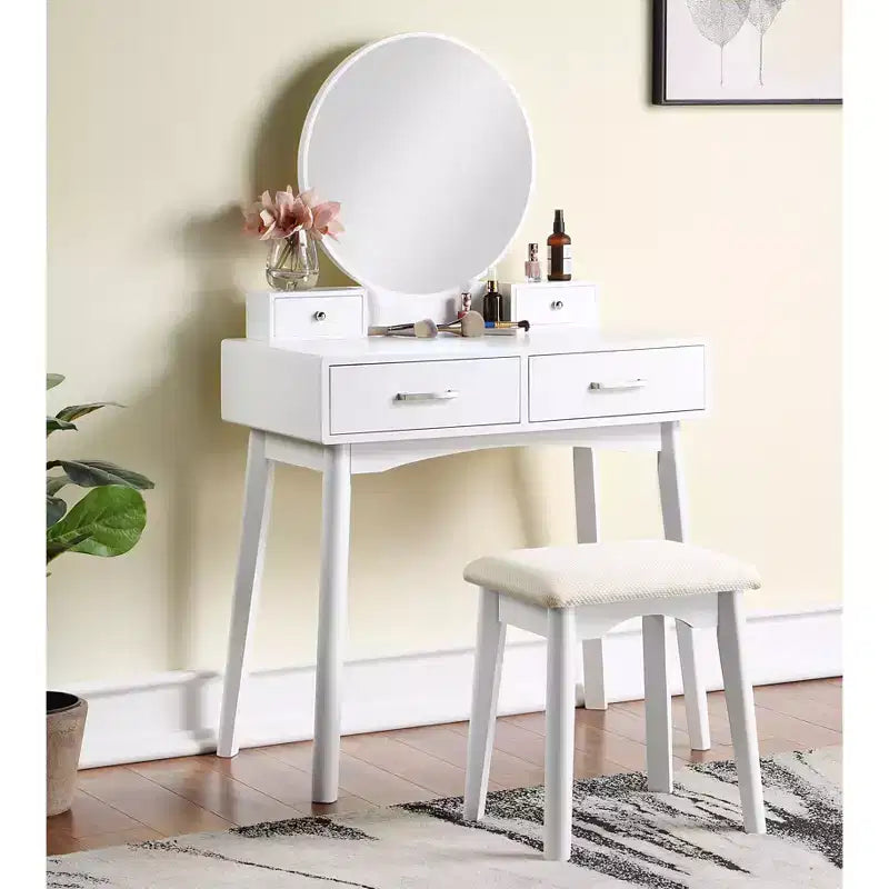Toeletta con specchio rotondo e sgabello, Bianco, 105,8 cm H x 42 cm L x 83 cm P