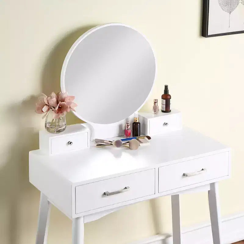 Toeletta con specchio rotondo e sgabello, Bianco, 105,8 cm H x 42 cm L x 83 cm P