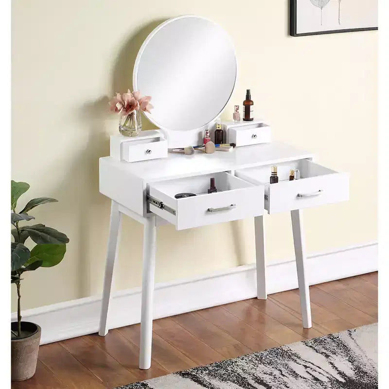 Toeletta con specchio rotondo e sgabello, Bianco, 105,8 cm H x 42 cm L x 83 cm P