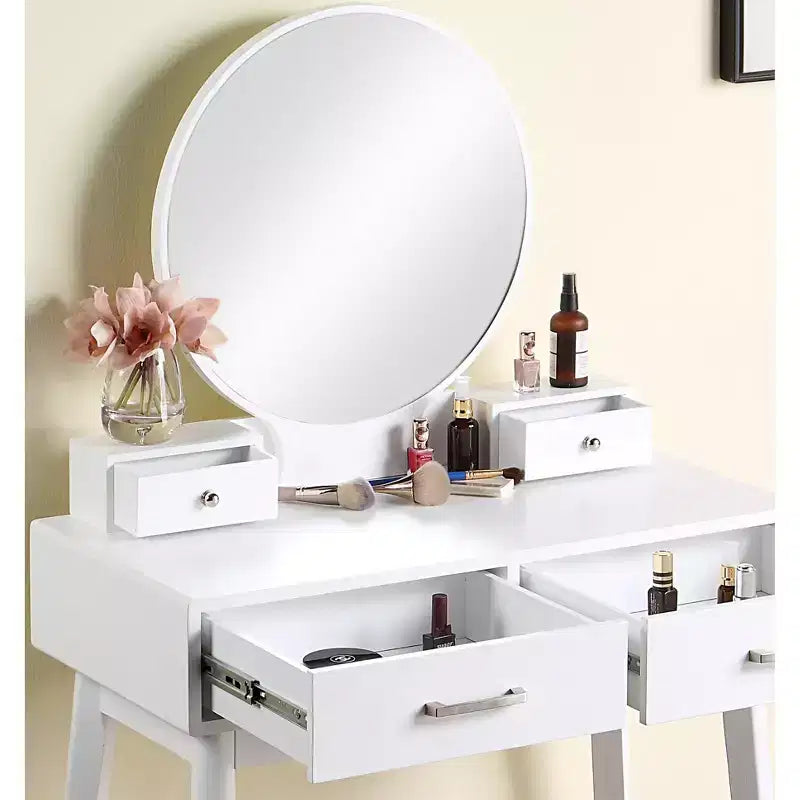 Toeletta con specchio rotondo e sgabello, Bianco, 105,8 cm H x 42 cm L x 83 cm P