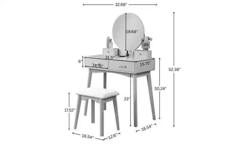 Toeletta con specchio rotondo e sgabello, Bianco, 105,8 cm H x 42 cm L x 83 cm P