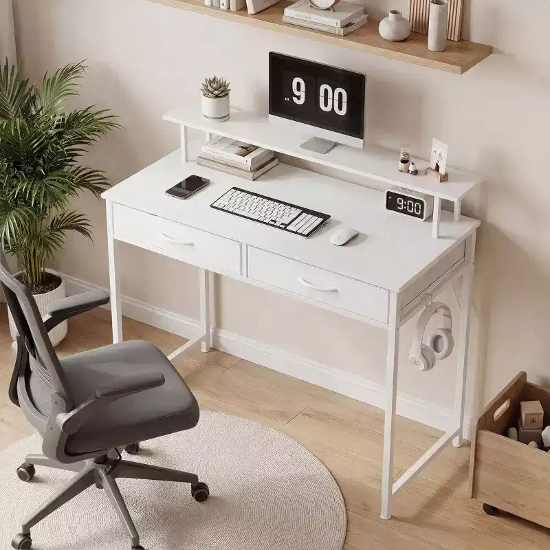 JIONJOY Small Home Office Computer Desk with Drawers & Monitor Riser, Ergonomic Writing Study Desk for Small Spaces, White