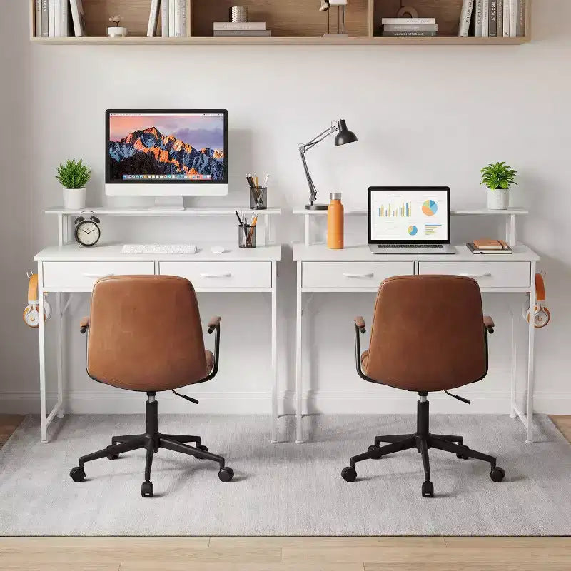 Piccola scrivania da computer per ufficio con cassetti e rialzo per monitor, scrivania da studio per piccoli spazi, bianca