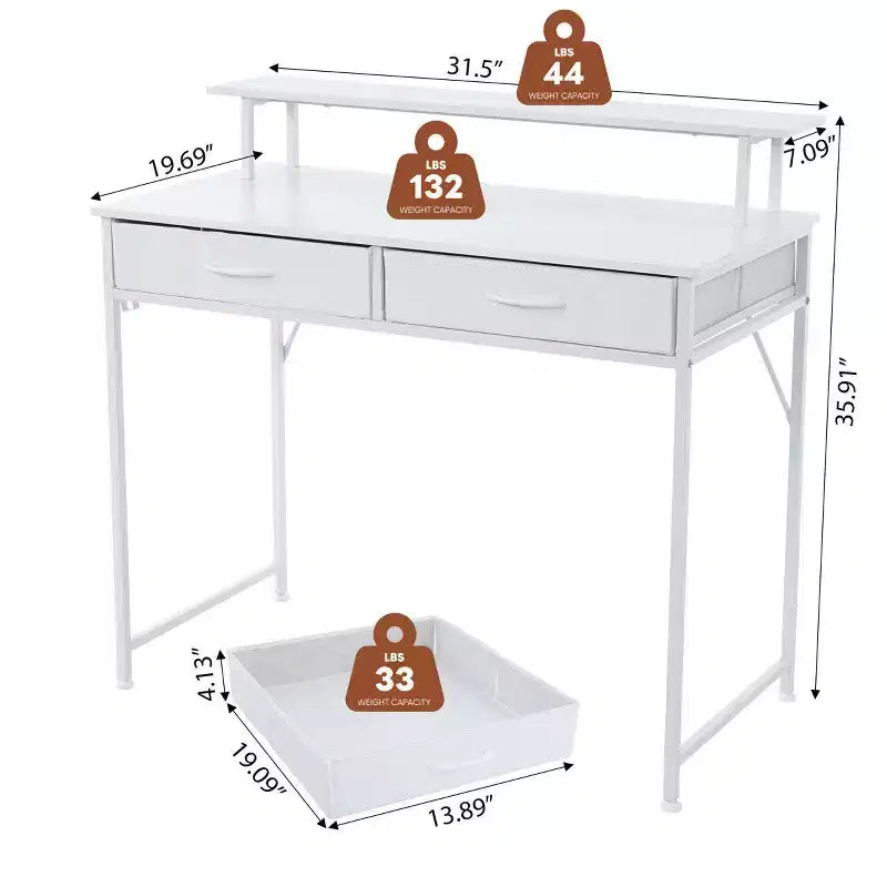 Piccola scrivania da computer per ufficio con cassetti e rialzo per monitor, scrivania da studio per piccoli spazi, bianca