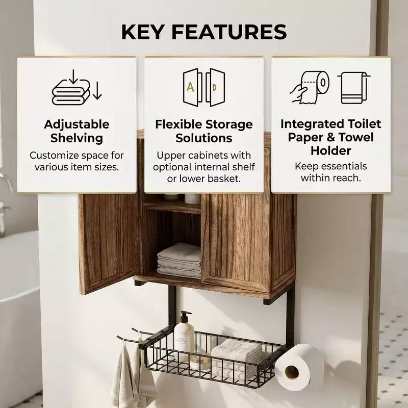 Pensile da Bagno con 2 Ante, Ripiano Regolabile e Porta Rotolo Integrato