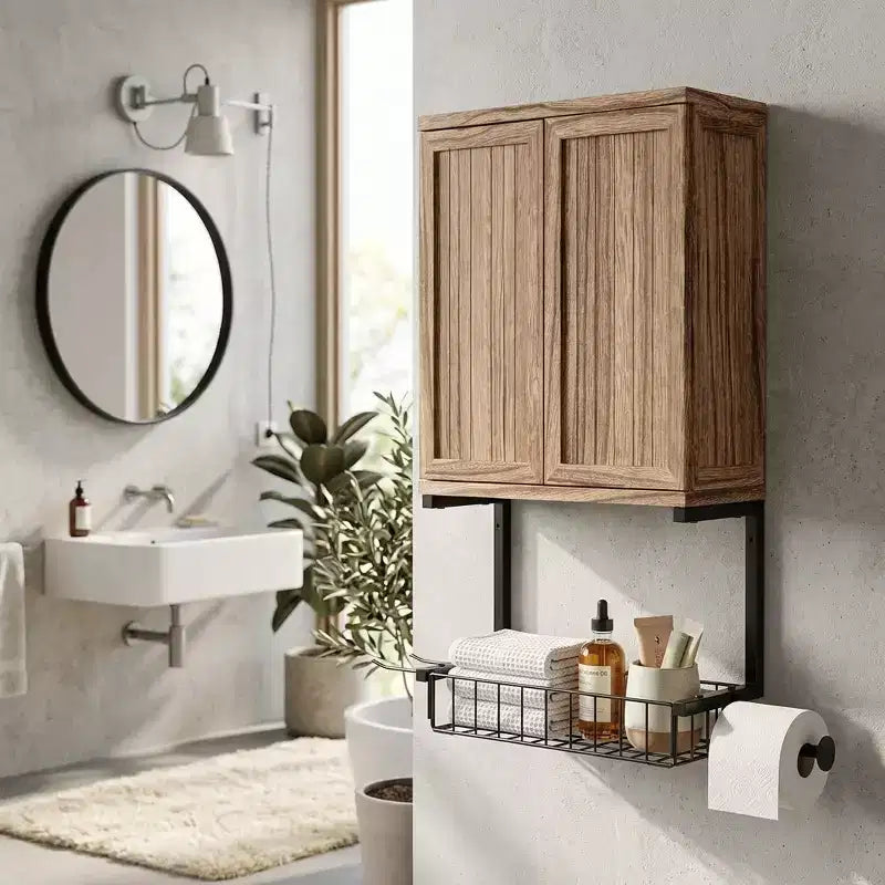 Pensile da Bagno con 2 Ante, Ripiano Regolabile e Porta Rotolo Integrato