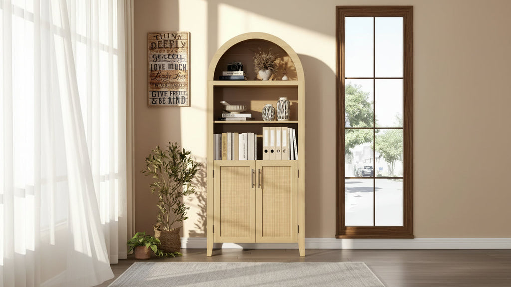 63.2 Modern Arched Storage Bookcase with Doors, 5-Tier Open Shelf with Rattan Decor, Stylish Display Cabinet for Living Room, Home Office & Library