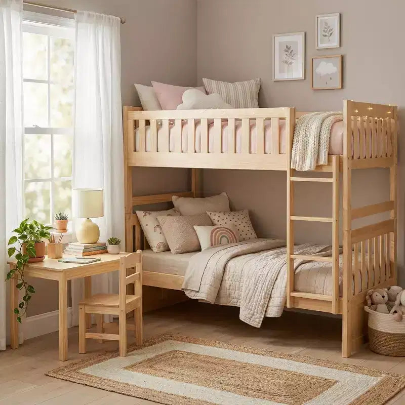 Letto a castello singolo su singolo con scaletta e sponde di protezione – Legno massello di pino