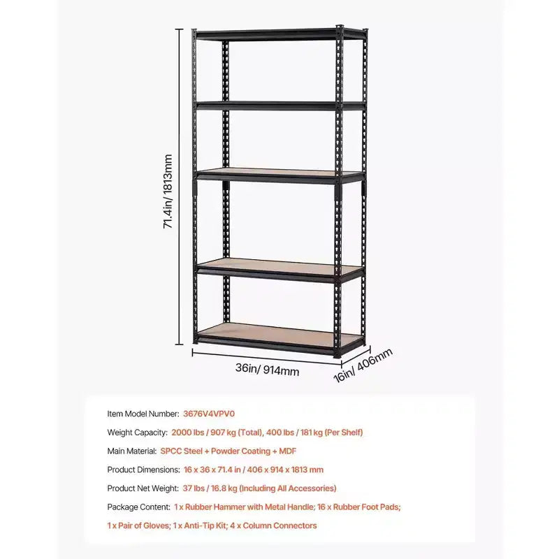 Scaffalatura in metallo a 5 ripiani, 91 cm L x 41 cm P x 180 cm H