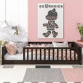 Twin Size Montessori Floor Bed with Fence, Rubber Wood Kids Bed with Safety Guardrails, Espresso