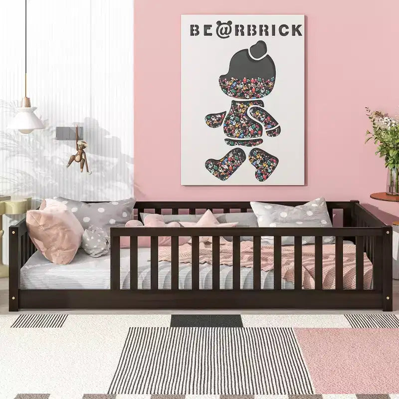 Twin Size Montessori Floor Bed with Fence, Rubber Wood Kids Bed with Safety Guardrails, Espresso