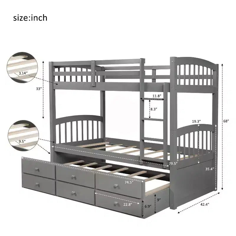 Letto a castello singolo su singolo con letto estraibile e 3 cassetti