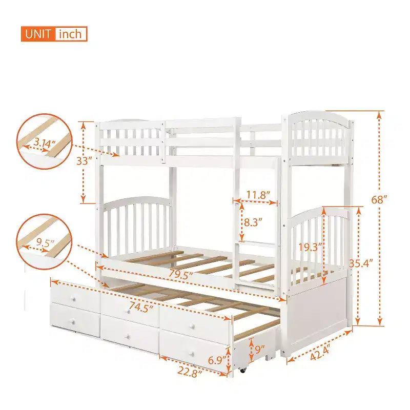 Letto a castello singolo su singolo con letto estraibile e 3 cassetti