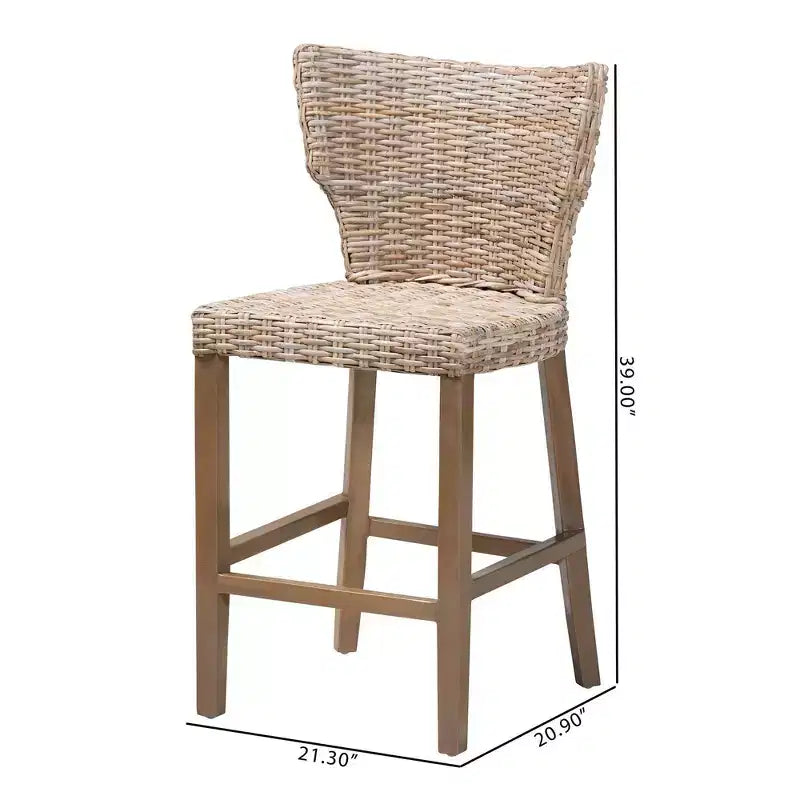 Sgabello da bar ad altezza bancone Enver in rattan e legno di mogano – Grigio Kubu / Tortora rustico