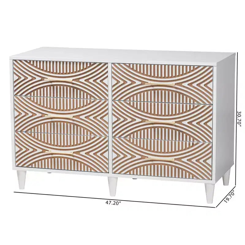 Comò a 6 cassetti con pannelli geometrici – Bianco e Marrone Naturale