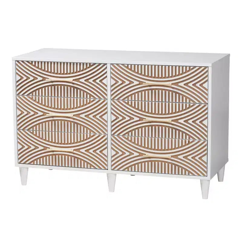 Comò a 6 cassetti con pannelli geometrici – Bianco e Marrone Naturale