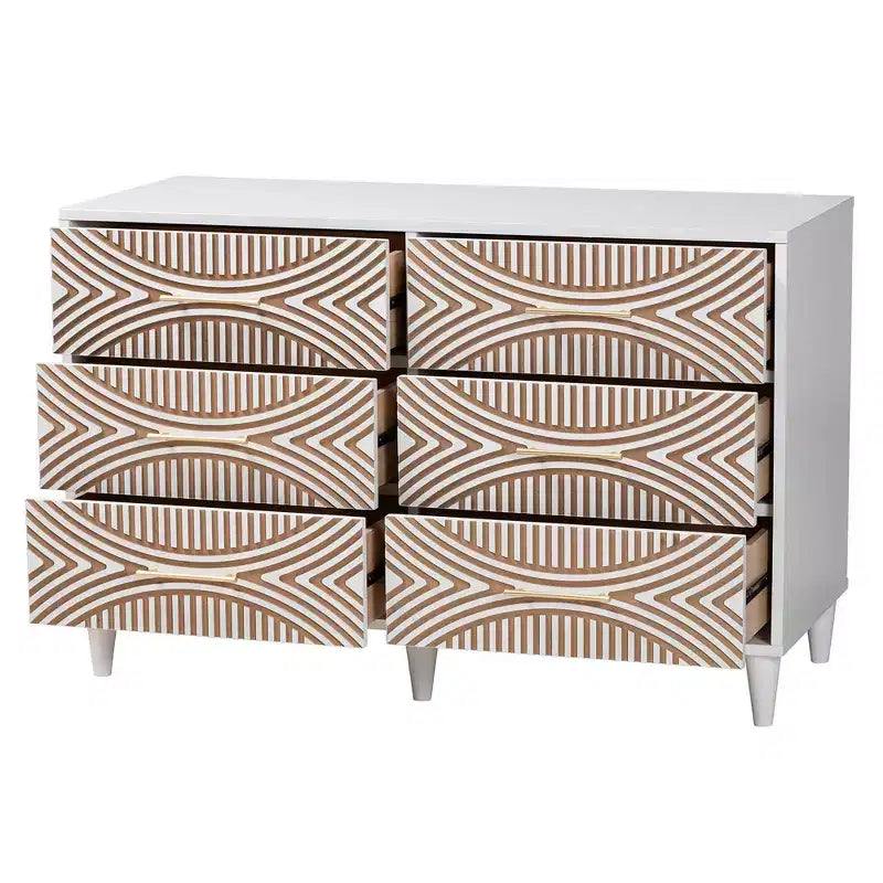 Comò a 6 cassetti con pannelli geometrici – Bianco e Marrone Naturale