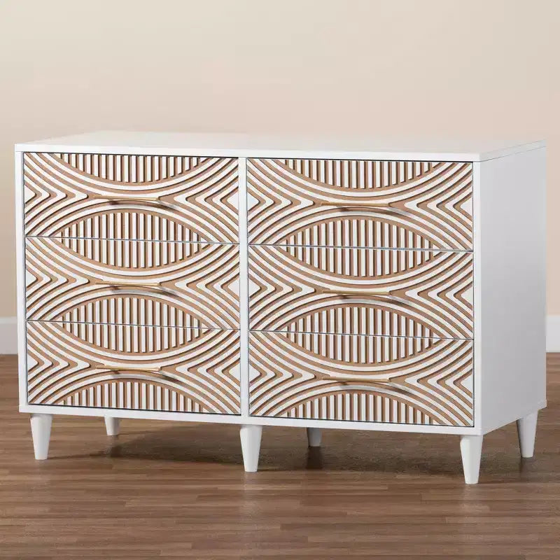 Comò a 6 cassetti con pannelli geometrici – Bianco e Marrone Naturale