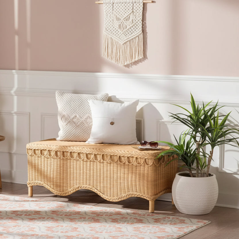 bali & pari Erla Rattan Accent Bench with Scallop Border Light Honey