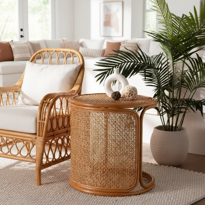 Tavolino Rotondo in Rattan Color Miele Chiaro