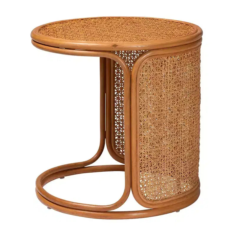 Tavolino Rotondo in Rattan Color Miele Chiaro