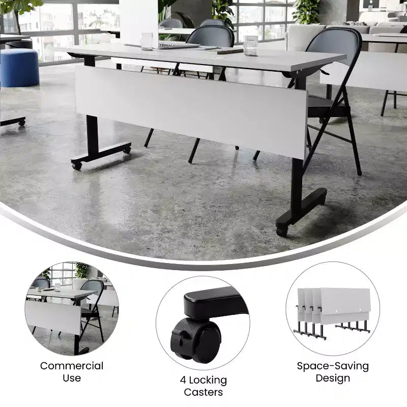 Tavolo da formazione con piano ribaltabile resistente, design impilabile, pannello per la privacy, gambe a T e telaio in metallo