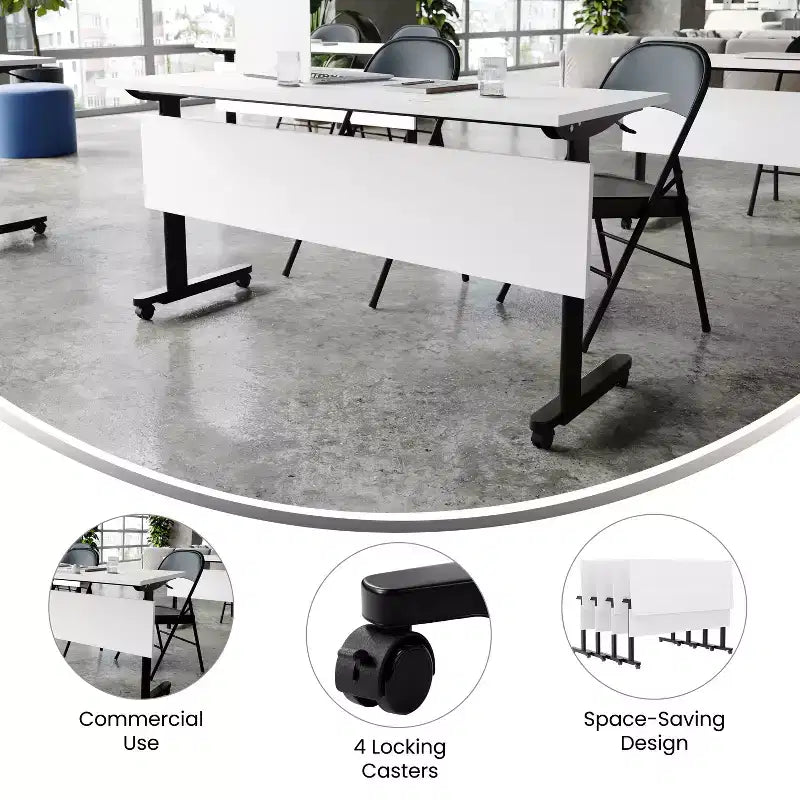 Tavolo da formazione con piano ribaltabile resistente, design impilabile, pannello per la privacy, gambe a T e telaio in metallo