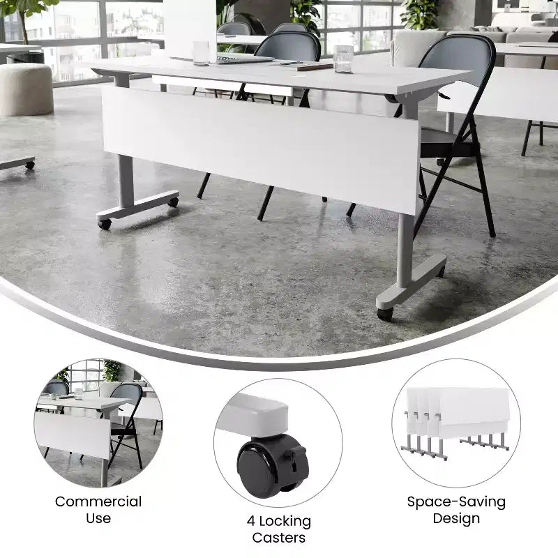 Tavolo da formazione con piano ribaltabile resistente, design impilabile, pannello per la privacy, gambe a T e telaio in metallo