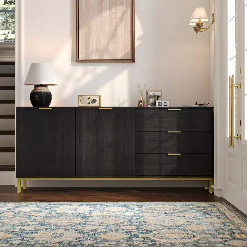 Famapy Black 2-Doors Storage Cabinet Sideboard Buffet With Drawers