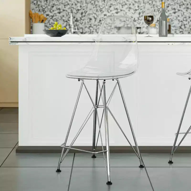 Sgabello da bar Mid-Century Modern con base cromata e sedile in acrilico, altezza bancone